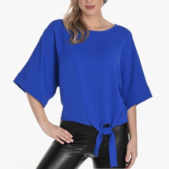 Frank Lyman Design Light Pink Tie-Front Crop Top. Dolman Sleeves. Shiny Material - Picture 11 of 11